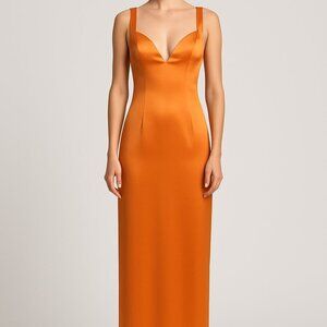 Miscreants Orange Satin Gown Dress UK 8 US 4 | 57" Long Plunge Midi | Feather Tr